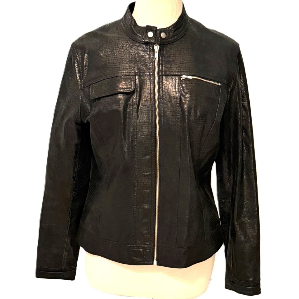 Moto Black Leather Jacket Womens Reptile Large Full Zip Lizard Biker I.E. Edgy